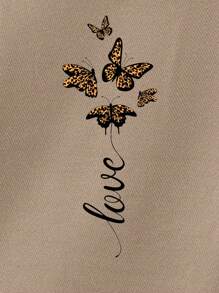 INAWLY Butterfly & Letter Graphic Kangaroo Pocket Drop Shoulder Drawstring Thermal Hoodie Dress - Khaki - View 3