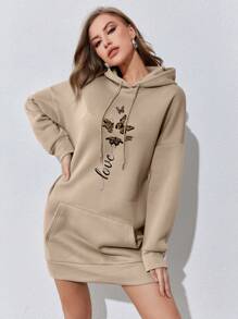 INAWLY Butterfly & Letter Graphic Kangaroo Pocket Drop Shoulder Drawstring Thermal Hoodie Dress - Khaki - View 4