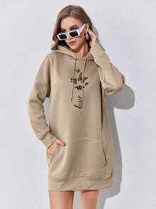 INAWLY Butterfly & Letter Graphic Kangaroo Pocket Drop Shoulder Drawstring Thermal Hoodie Dress - Khaki - View 5