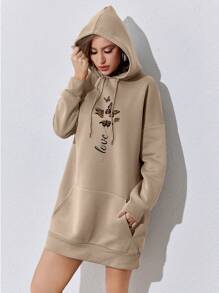 INAWLY Butterfly & Letter Graphic Kangaroo Pocket Drop Shoulder Drawstring Thermal Hoodie Dress - Khaki - View 6