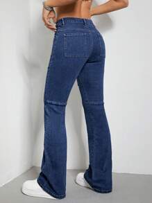 SHEIN EZwear Flap Pocket Flare Leg Jeans - Dark Wash - View 2