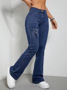 SHEIN EZwear Flap Pocket Flare Leg Jeans - Dark Wash - View 4