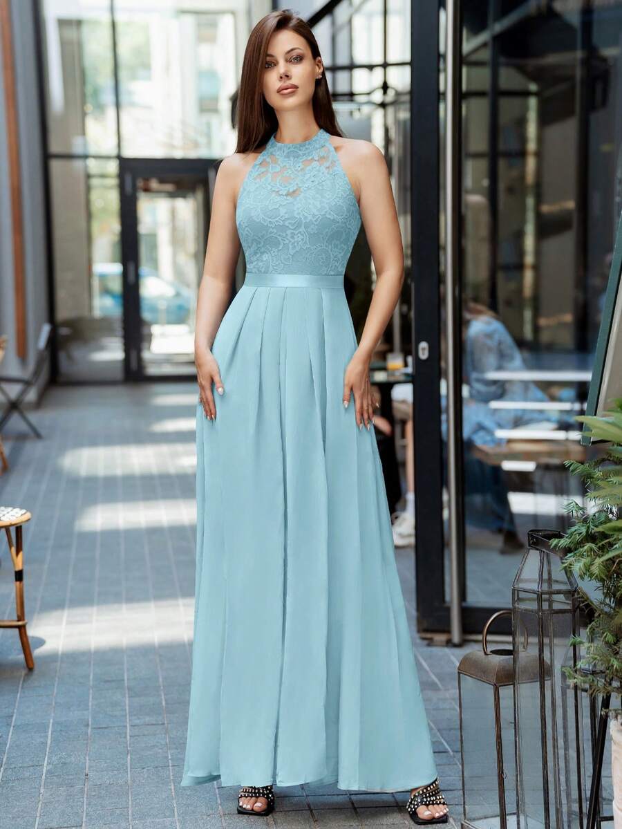 花卉蕾丝拼接褶裥雪纺正式派对长裙，适合婚礼宾客、毕业典礼、晚宴等场合。