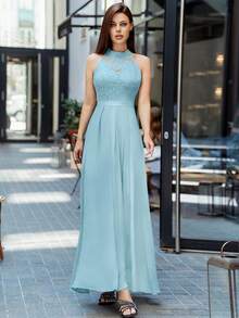 花卉蕾丝拼接褶裥雪纺正式派对长裙，适合婚礼宾客、毕业典礼、晚宴等场合。 - 薄荷藍 - 查看 4