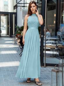 花卉蕾丝拼接褶裥雪纺正式派对长裙，适合婚礼宾客、毕业典礼、晚宴等场合。 - 薄荷藍 - 查看 7