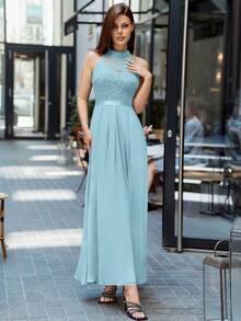 花卉蕾丝拼接褶裥雪纺正式派对长裙，适合婚礼宾客、毕业典礼、晚宴等场合。 - 薄荷藍 - 查看 8