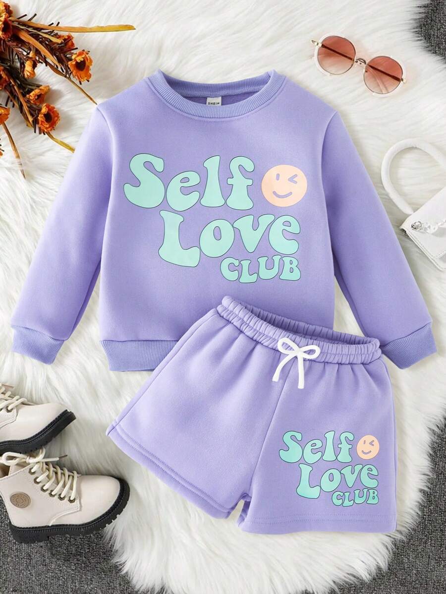 SHEIN 少女2入組可愛臉部和標語印花圓領運動衫和短褲套裝 - 紫色 - 查看 1
