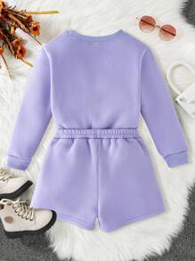 SHEIN 少女2入組可愛臉部和標語印花圓領運動衫和短褲套裝 - 紫色 - 查看 2