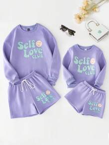 SHEIN 少女2入組可愛臉部和標語印花圓領運動衫和短褲套裝 - 紫色 - 查看 3