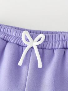 SHEIN 少女2入組可愛臉部和標語印花圓領運動衫和短褲套裝 - 紫色 - 查看 4