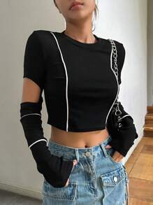 DAZY Contrast Piping Cut Out Crop Tee - Black - View 7