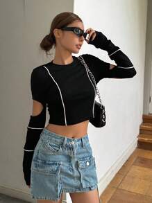 DAZY Contrast Piping Cut Out Crop Tee - Black - View 1