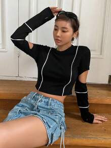 DAZY Contrast Piping Cut Out Crop Tee - Black - View 3