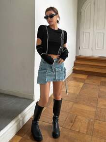 DAZY Contrast Piping Cut Out Crop Tee - Black - View 4