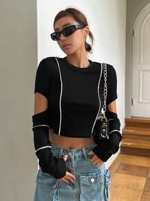DAZY Contrast Piping Cut Out Crop Tee - Black - View 5