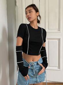 DAZY Contrast Piping Cut Out Crop Tee - Black - View 6