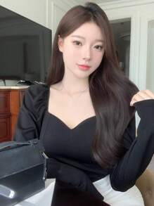 DAZY Solid Sweetheart Neck Puff Sleeve Blouse,Fall Clothes Long Sleeve Women Tops - Black - View 2