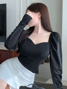 DAZY Solid Sweetheart Neck Puff Sleeve Blouse,Fall Clothes Long Sleeve Women Tops - Black - View 8