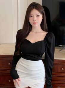 DAZY Solid Sweetheart Neck Puff Sleeve Blouse,Fall Clothes Long Sleeve Women Tops - Black - View 10