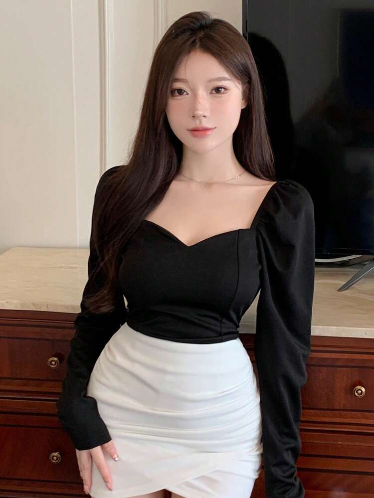 Solid Sweetheart Neck Puff Sleeve Blouse,Fall Clothes Long Sleeve Women Tops