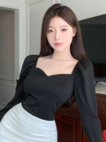 DAZY Solid Sweetheart Neck Puff Sleeve Blouse,Fall Clothes Long Sleeve Women Tops - Black - View 4
