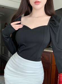DAZY Solid Sweetheart Neck Puff Sleeve Blouse,Fall Clothes Long Sleeve Women Tops - Black - View 7
