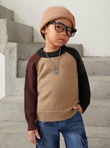SHEIN Explorewe Young Boy Colourblock Raglan Sleeve Jumper - Khaki - View 1