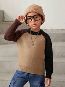 SHEIN Explorewe Young Boy Colourblock Raglan Sleeve Jumper - Khaki - View 3