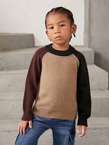 SHEIN Explorewe Young Boy Colourblock Raglan Sleeve Jumper - Khaki - View 4