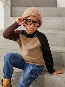 SHEIN Explorewe Young Boy Colourblock Raglan Sleeve Jumper - Khaki - View 5