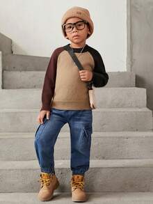 SHEIN Explorewe Young Boy Colourblock Raglan Sleeve Jumper - Khaki - View 6