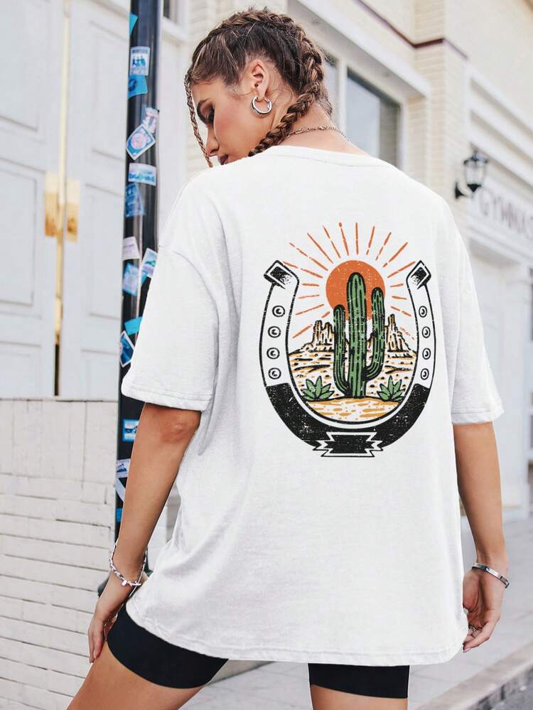 SHEIN EZwear הדפס קקטוס חולצת טי סירה - לבן - ראה 1