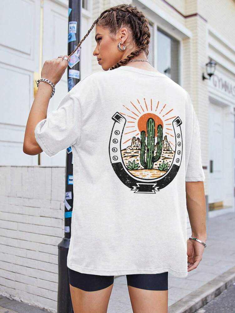 SHEIN EZwear הדפס קקטוס חולצת טי סירה - לבן - ראה 5