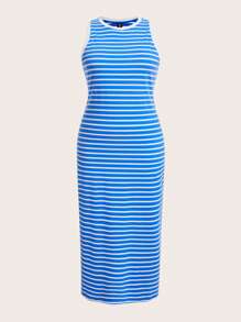 SHEIN BASICS Hơn In sọc Váy ba lỗ - Xanh và trắng - Xem 1