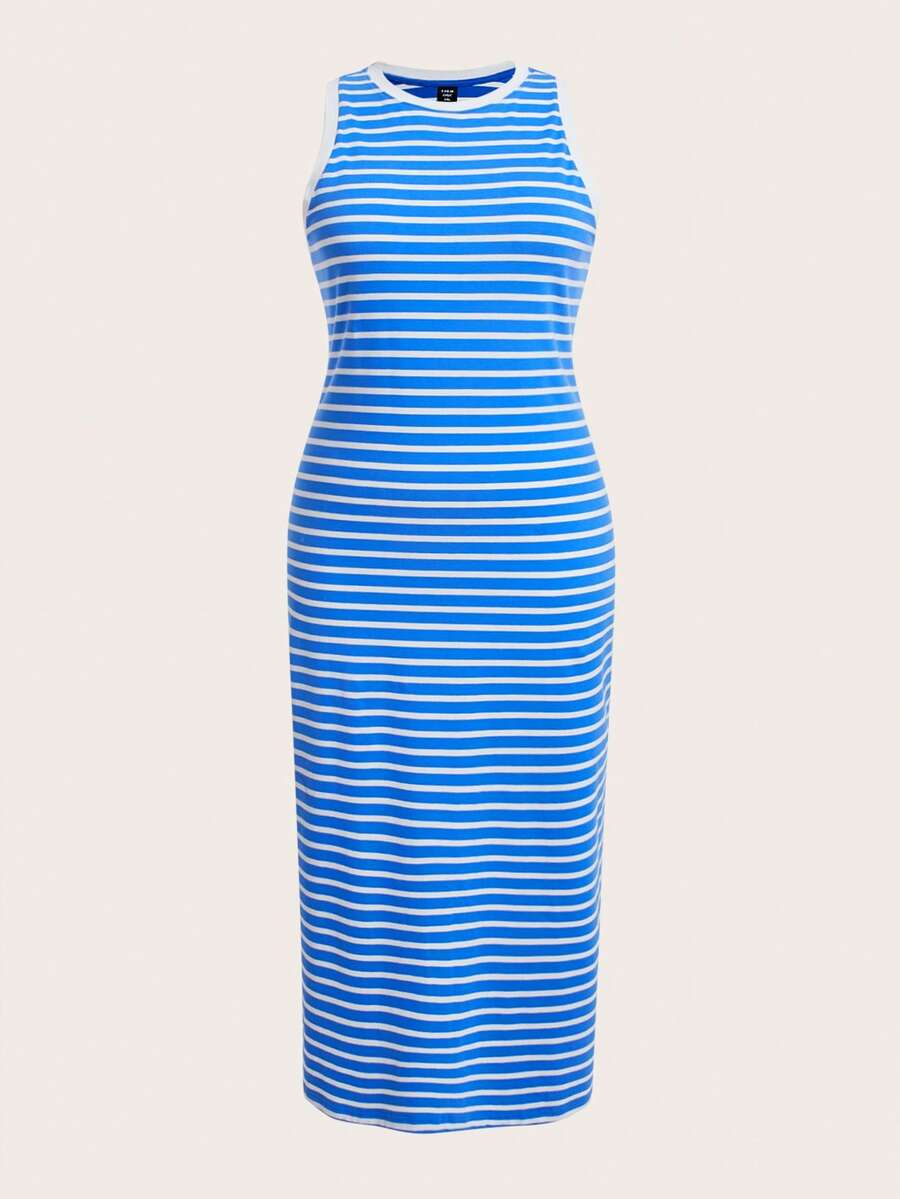 SHEIN BASICS Hơn In sọc Váy ba lỗ - Xanh và trắng - Xem 1