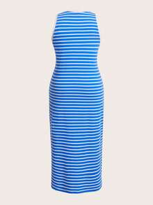 SHEIN BASICS Hơn In sọc Váy ba lỗ - Xanh và trắng - Xem 2
