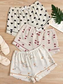 Plus 3pcs Heart & Floral Print Bow Front Pajama Sleep Shorts