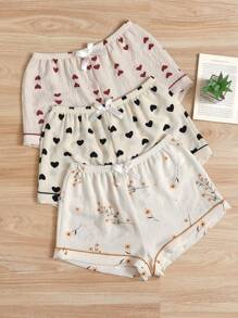 Plus 3pcs Heart & Floral Print Bow Front Pajama Sleep Shorts