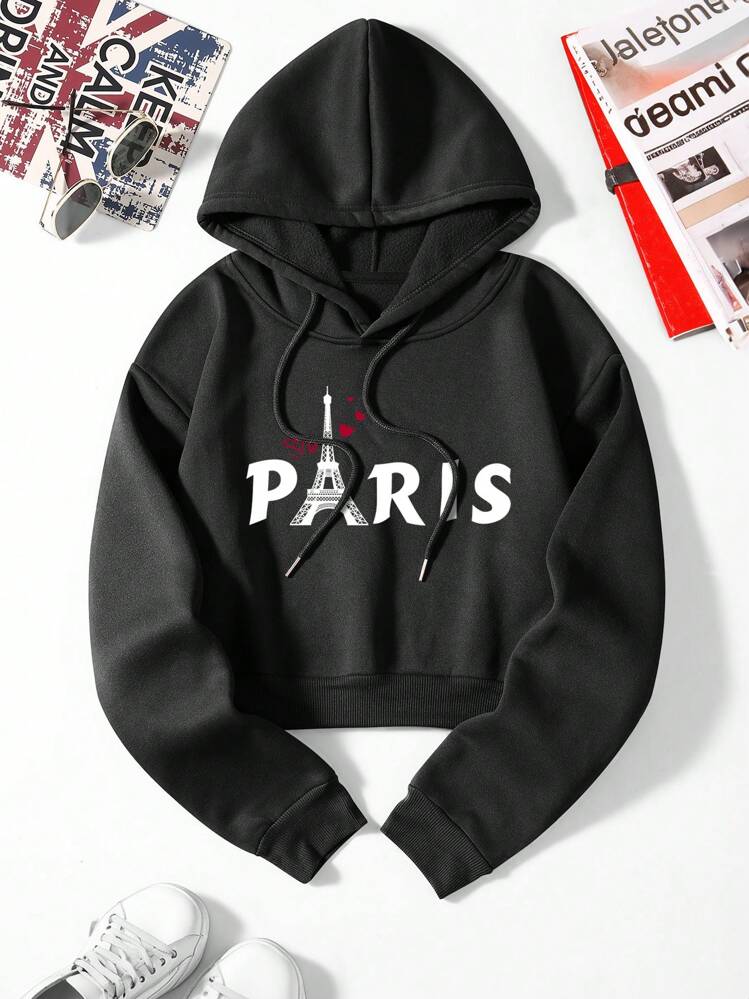 SHEIN EZwear כיתוב גרפי שרוכים ריפוד תרמי סווטשירט עם כובע - שחור - ראה 1