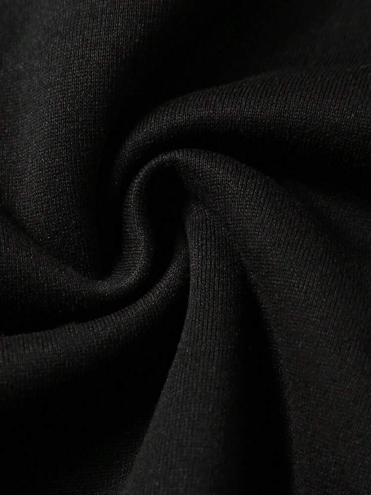 SHEIN EZwear כיתוב גרפי שרוכים ריפוד תרמי סווטשירט עם כובע - שחור - ראה 4