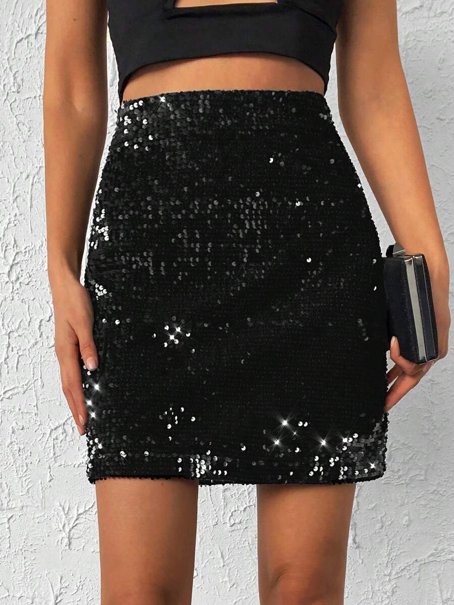 RueChic High Waist Sequin Split Hem Skirt - Black - View 1