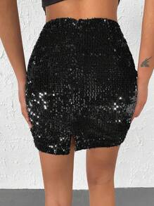 RueChic High Waist Sequin Split Hem Skirt - Black - View 5