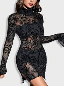 SHEIN PETITE Paisley Print Flare Sleeve Split Hem Mesh Bodycon Dress Without Lingerie - Black - View 1