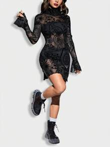 SHEIN PETITE Paisley Print Flare Sleeve Split Hem Mesh Bodycon Dress Without Lingerie - Black - View 3