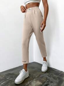 EURMUSE Letter Patched Detail Slant Pocket Sweatpants - Apricot - View 3