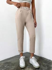 EURMUSE Letter Patched Detail Slant Pocket Sweatpants - Apricot - View 5