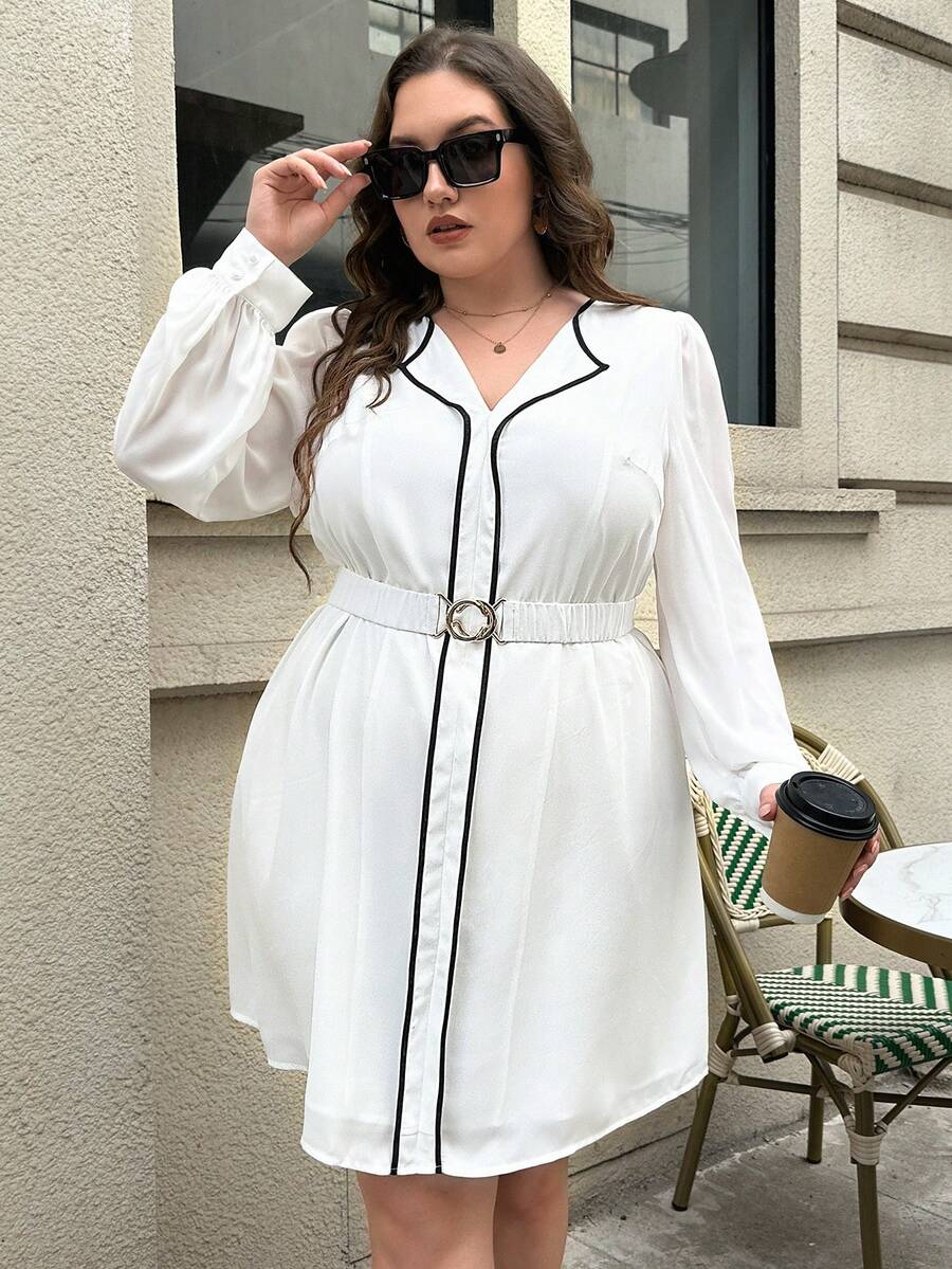SHEIN Privé Taglie Forti Abito con cintura bordo a contrasto - Bianco - Visualizzare 1