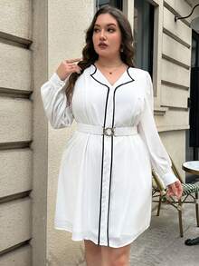 SHEIN Privé Taglie Forti Abito con cintura bordo a contrasto - Bianco - Visualizzare 4