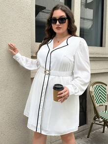 SHEIN Privé Taglie Forti Abito con cintura bordo a contrasto - Bianco - Visualizzare 5