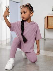 SHEIN Leap Crew 女小童落肩袖連帽T恤和緊身褲 - 淡紫色 - 查看 1